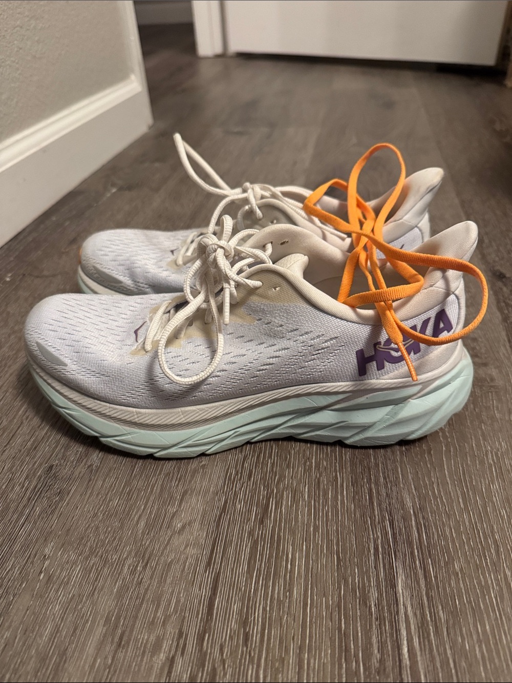 Hoka Women's White Running Shoes with Mint Midsole 8